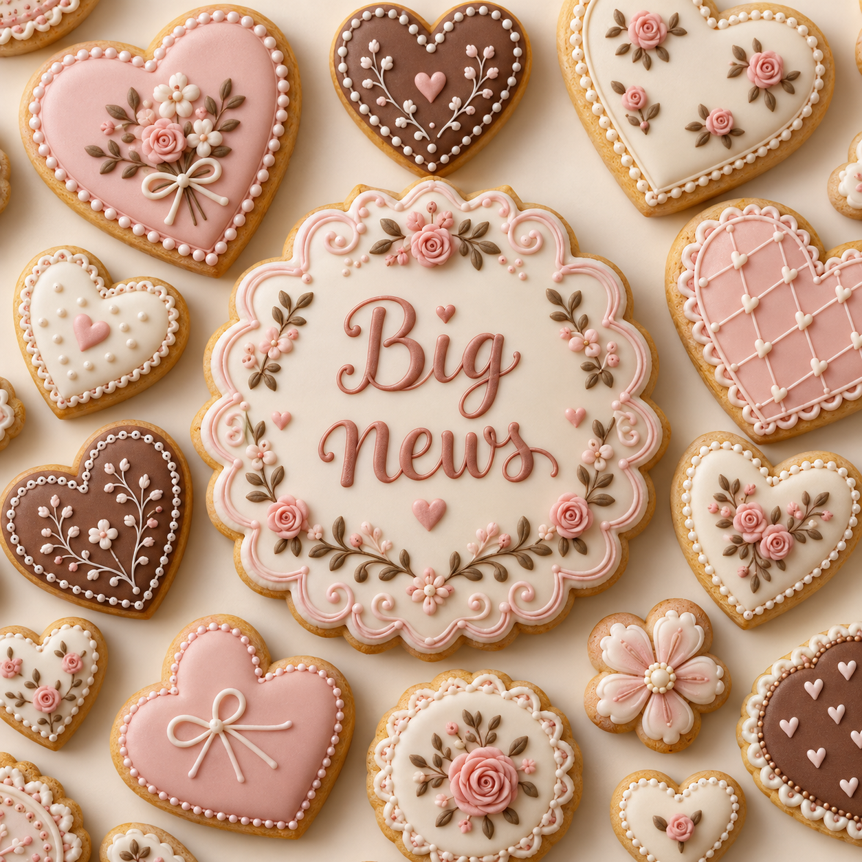 Intricately iced cookies showing a variety of shapes and decorative details